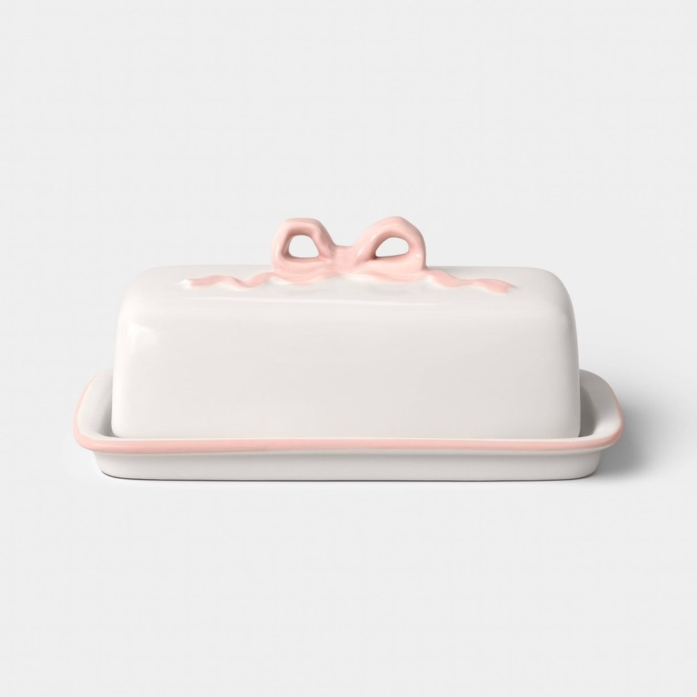 10oz Stoneware Bow Covered Butter Dish Cream/Pink - Room Essentials, Target